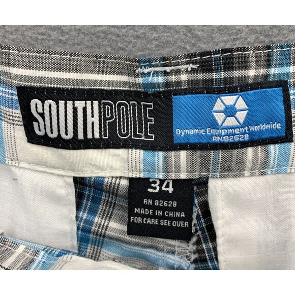 Southpole Bermuda Shorts Mens Size 34X13 Blue Black White Checked Slash Pockets - Picture 2 of 15